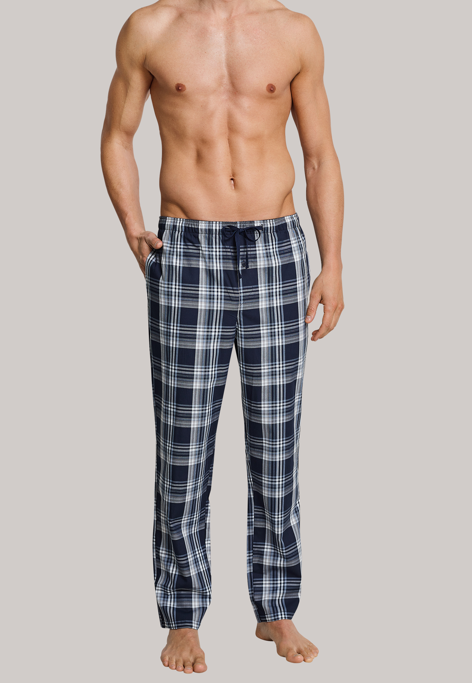 Schiesser loungebroek ruitmotief donkerblauw, lichtblauw en wit Mix & Relax
